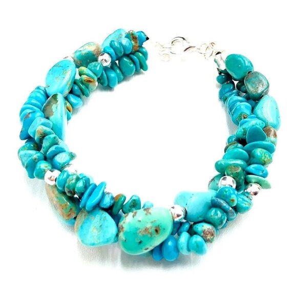 Blue Turquoise Multi Strand Sterling Silver 925 Bracelet Signed FAS - Picture 1 of 5